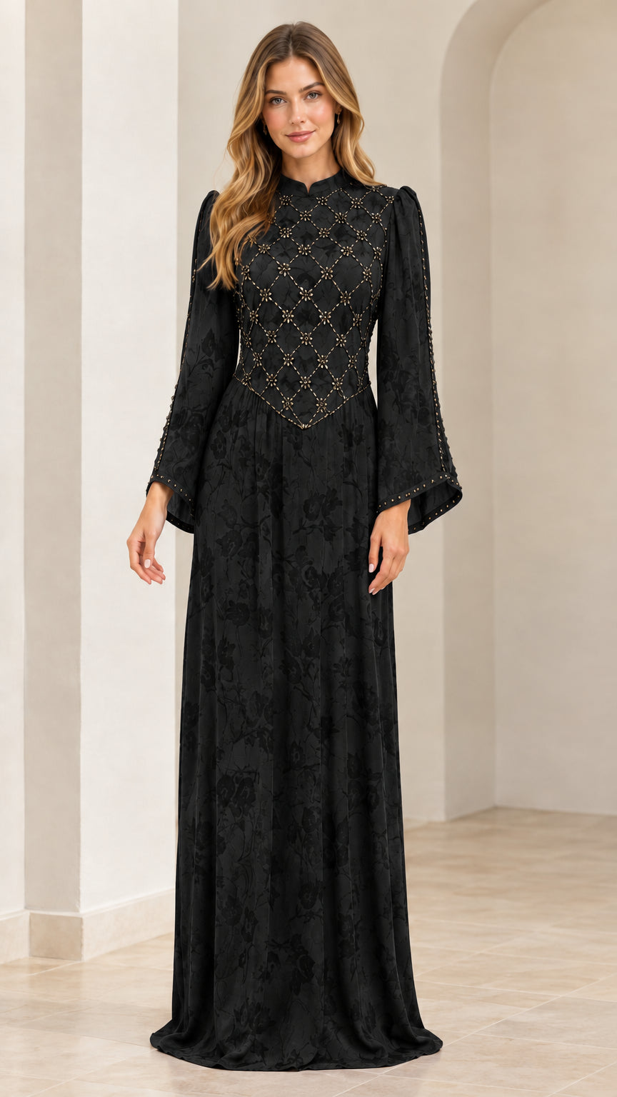 Black long sleeve beaded jacquard evening gown