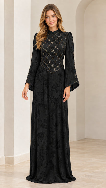 Black long sleeve beaded jacquard evening gown