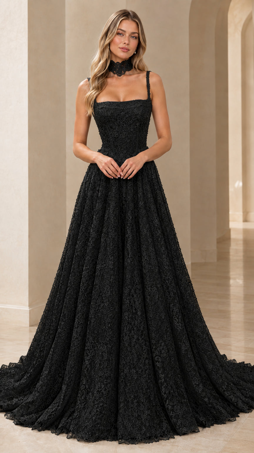 Front view of black lace square neck evening gown