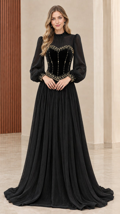 Model wearing elegant black monochrome mock neck corset maxi dress