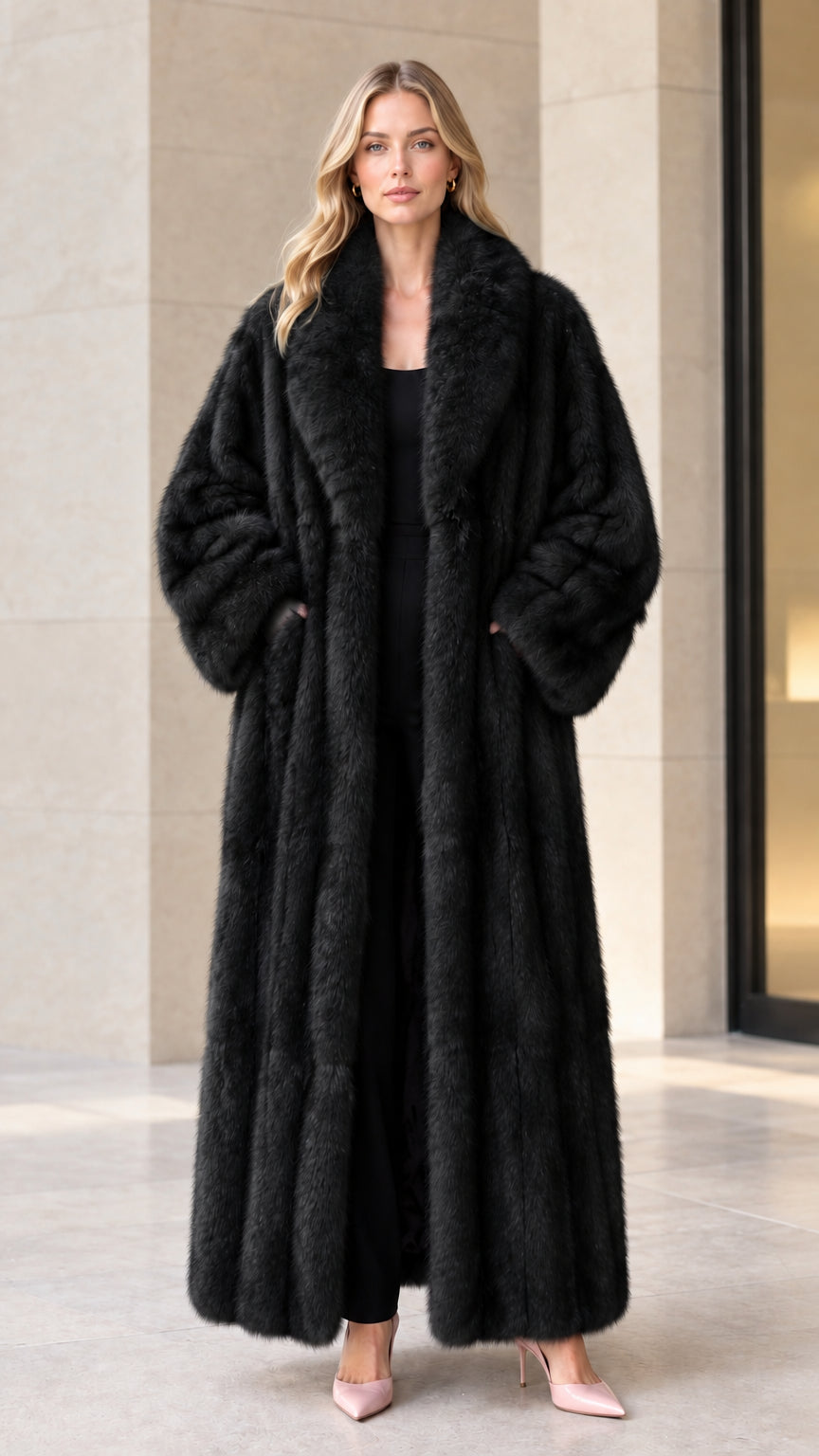 Full-length front view of black plush faux fur maxi coat