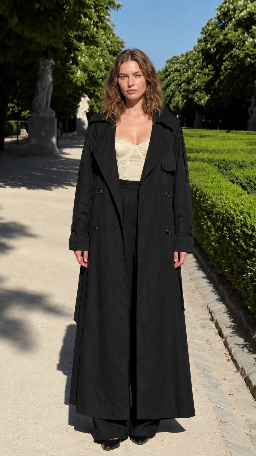 Model wearing black maxi trench coat and matching black wide-leg trousers