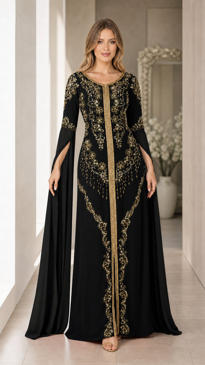 Front view of black embroidered cape sleeve kaftan evening gown