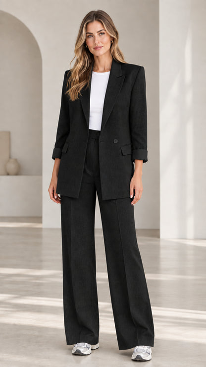 Full-length view of woman wearing Black two-piece blazer and wide-leg pants suit set