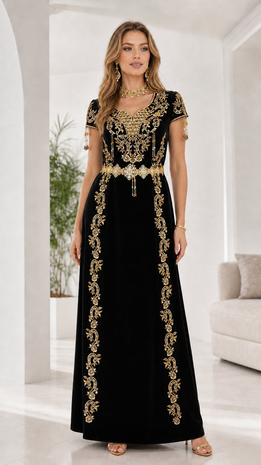 Full front view of black gold embroidered velvet evening maxi dress
