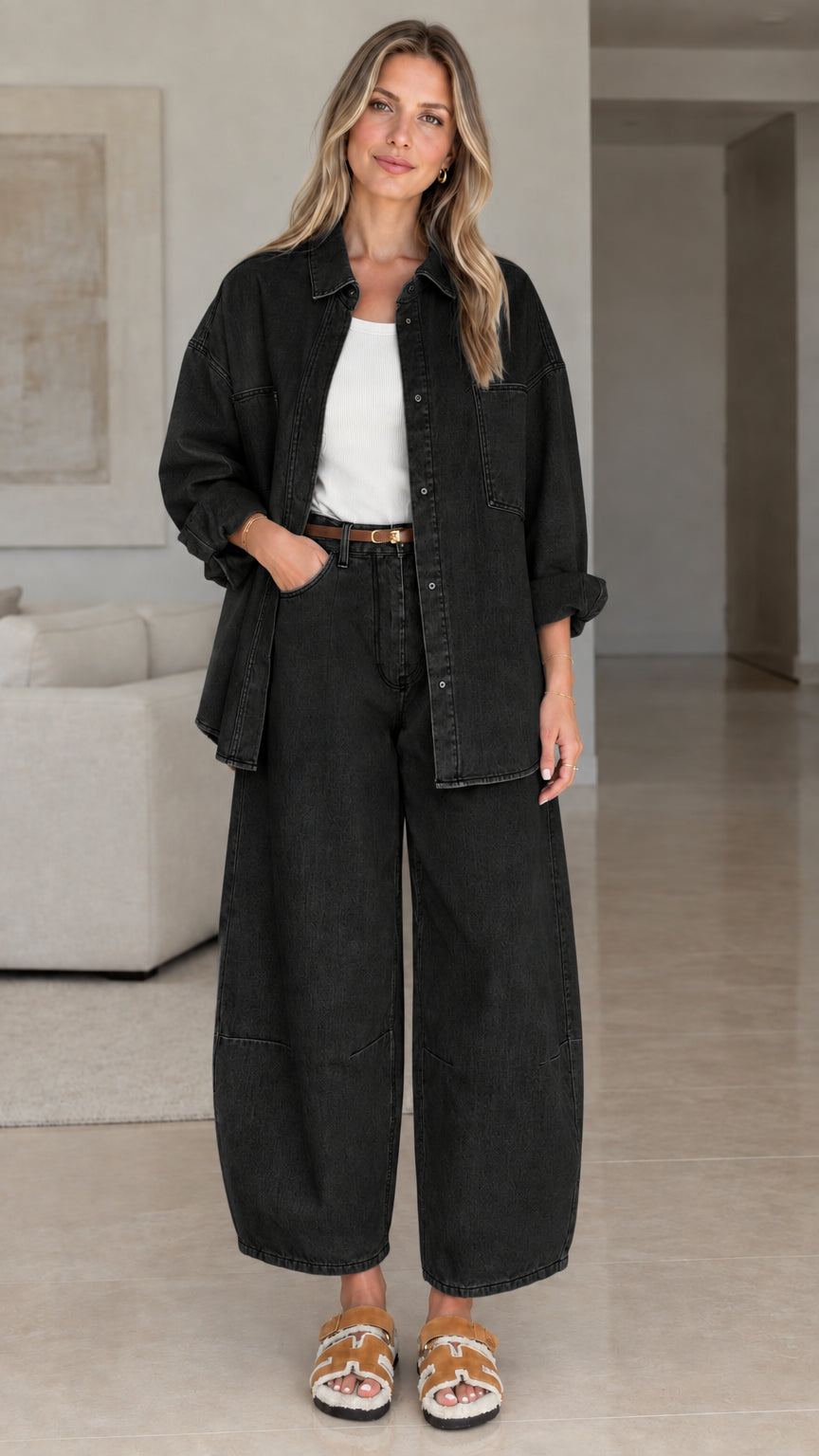 Women's washed cotton button-down shirt and wide-leg pants set in black