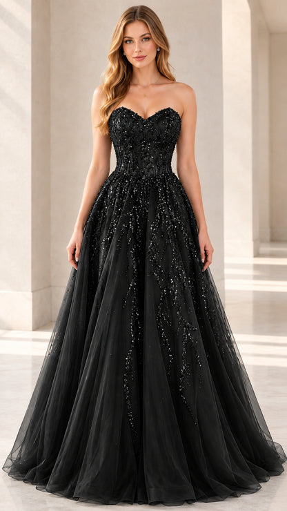 Black strapless sweetheart sequin tulle evening gown