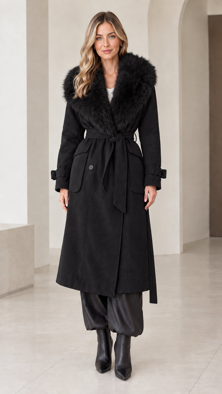 Front view of model wearing black belted long coat with matching black faux fur collar