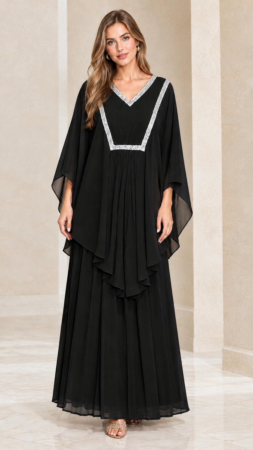 Black layered kaftan maxi dress with silver embroidered V-neckline