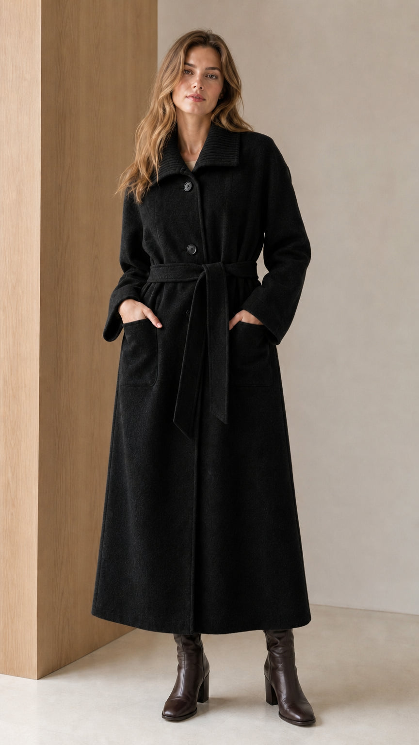 Woman wearing Black longline belted coat with ribbed knit collar