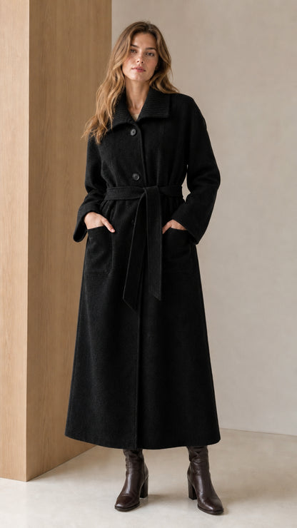 Woman wearing Black longline belted coat with ribbed knit collar