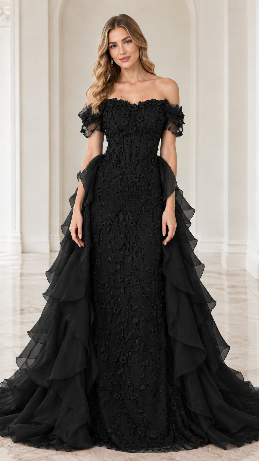 Black off-the-shoulder 3D floral evening gown with cascading train