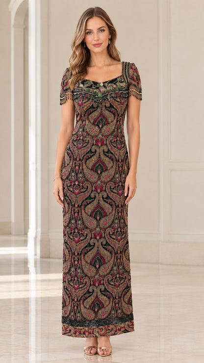 Black multicolor beaded paisley column evening dress with fringe sleeves