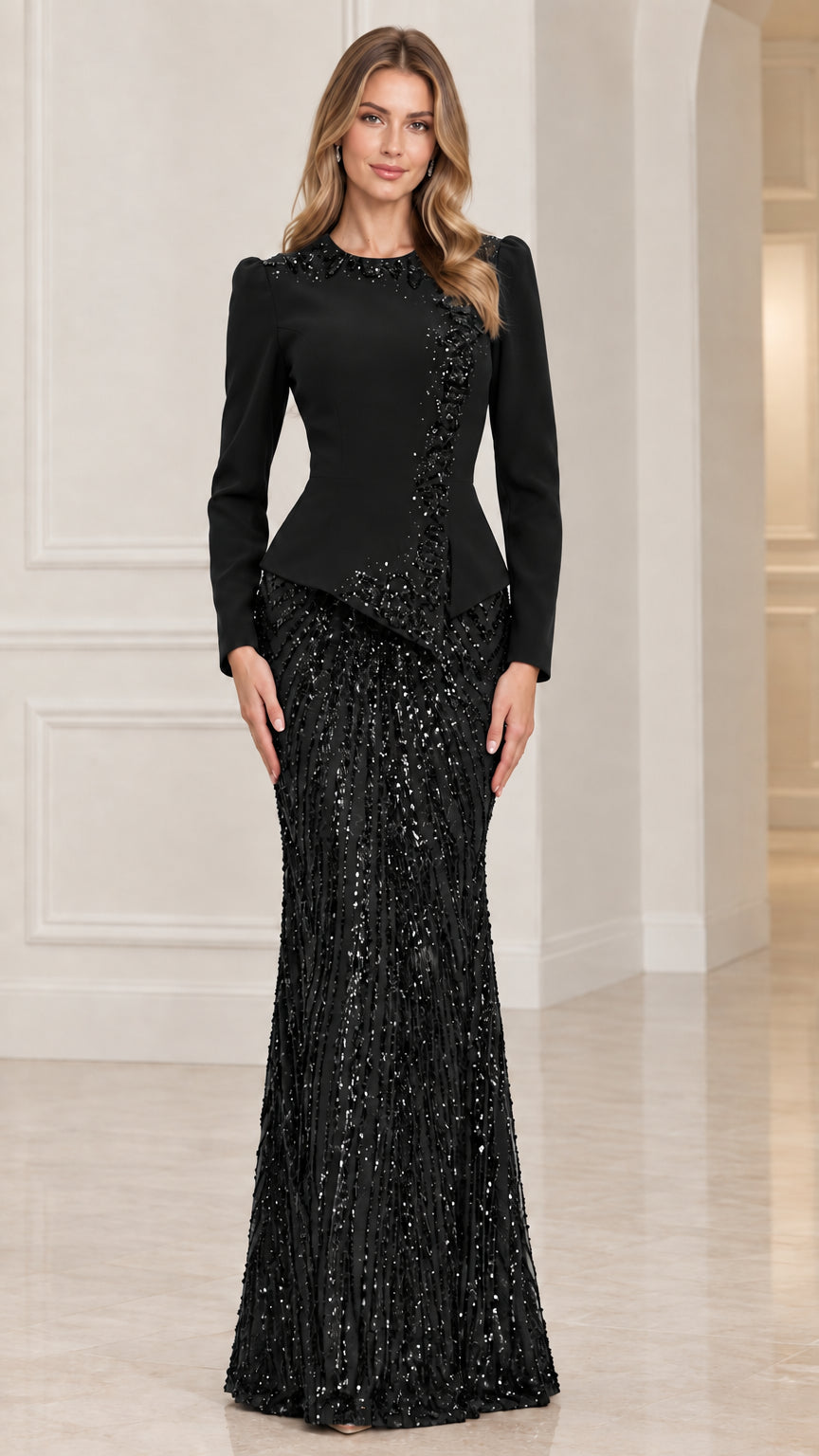 Classic black long sleeve peplum evening gown with sequin skirt