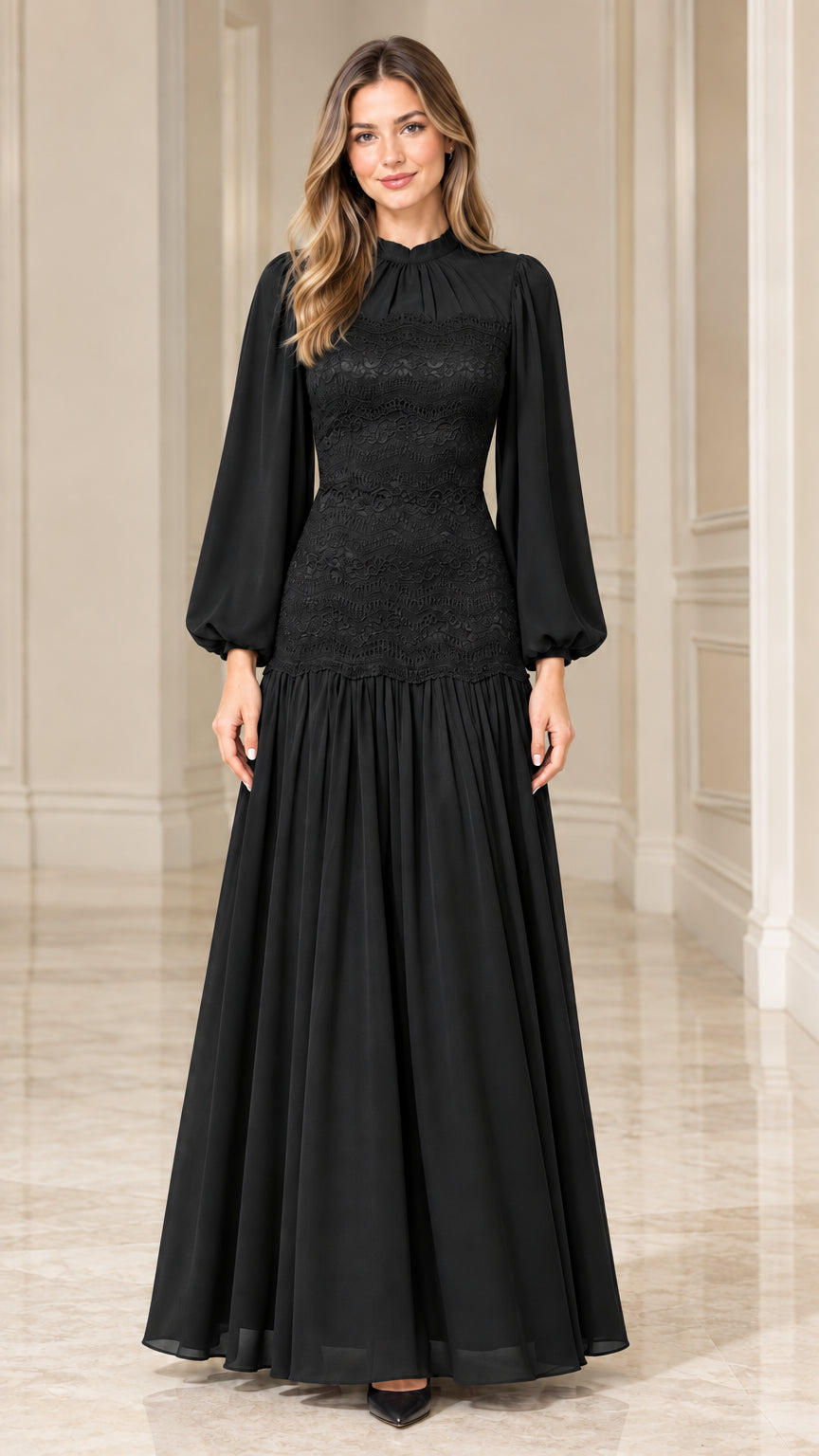 Black long sleeve lace bodice mock neck chiffon maxi dress