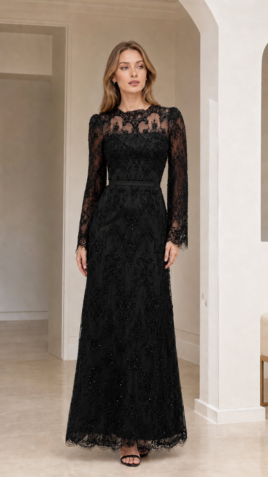 Front full-length view of black on black sequin lace long sleeve evening maxi dress