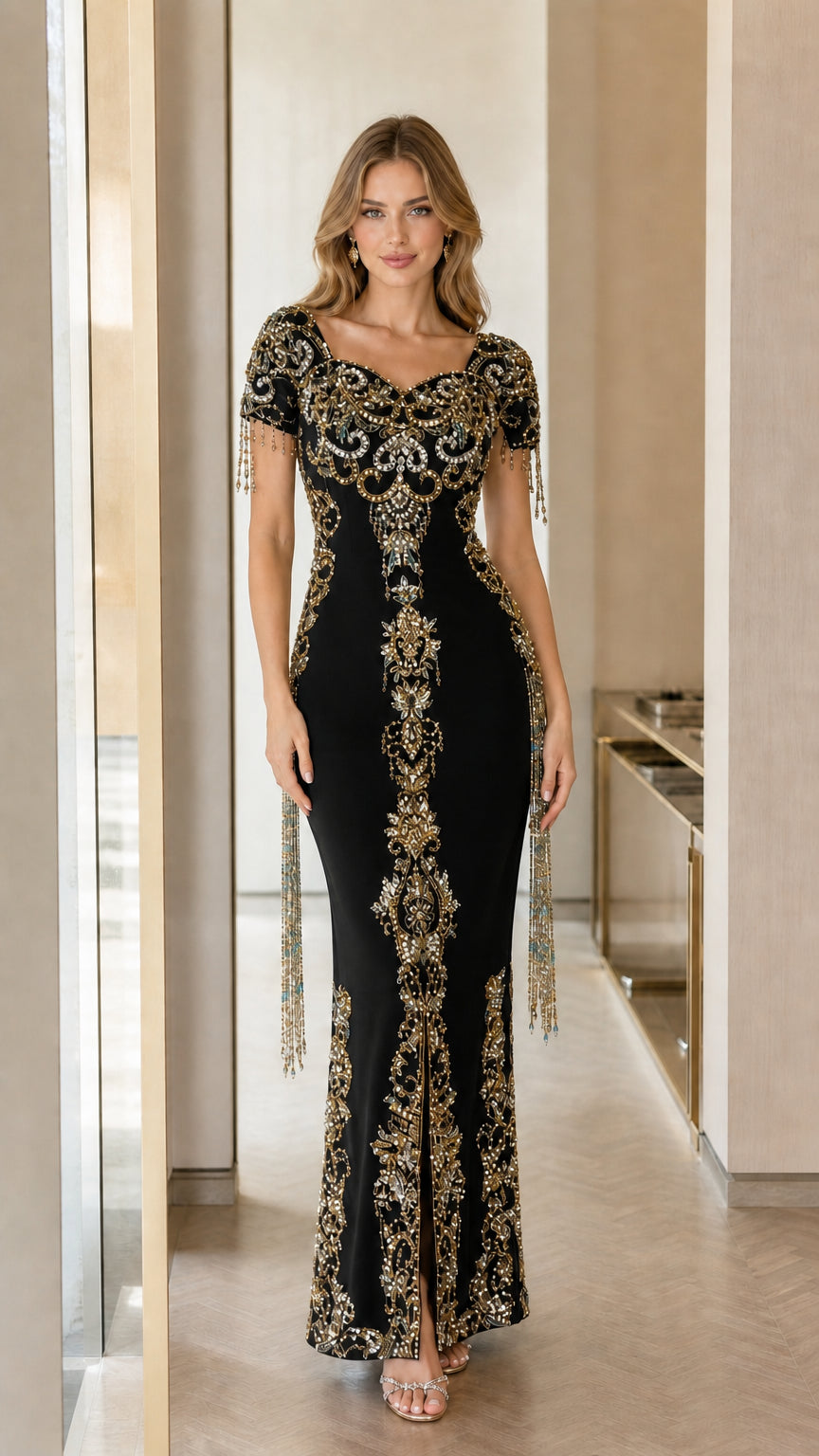 Front view of black formal evening gown with elaborate gold beading and front slit
