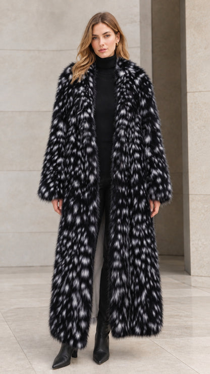 Full-length black speckled faux fur maxi coat on model