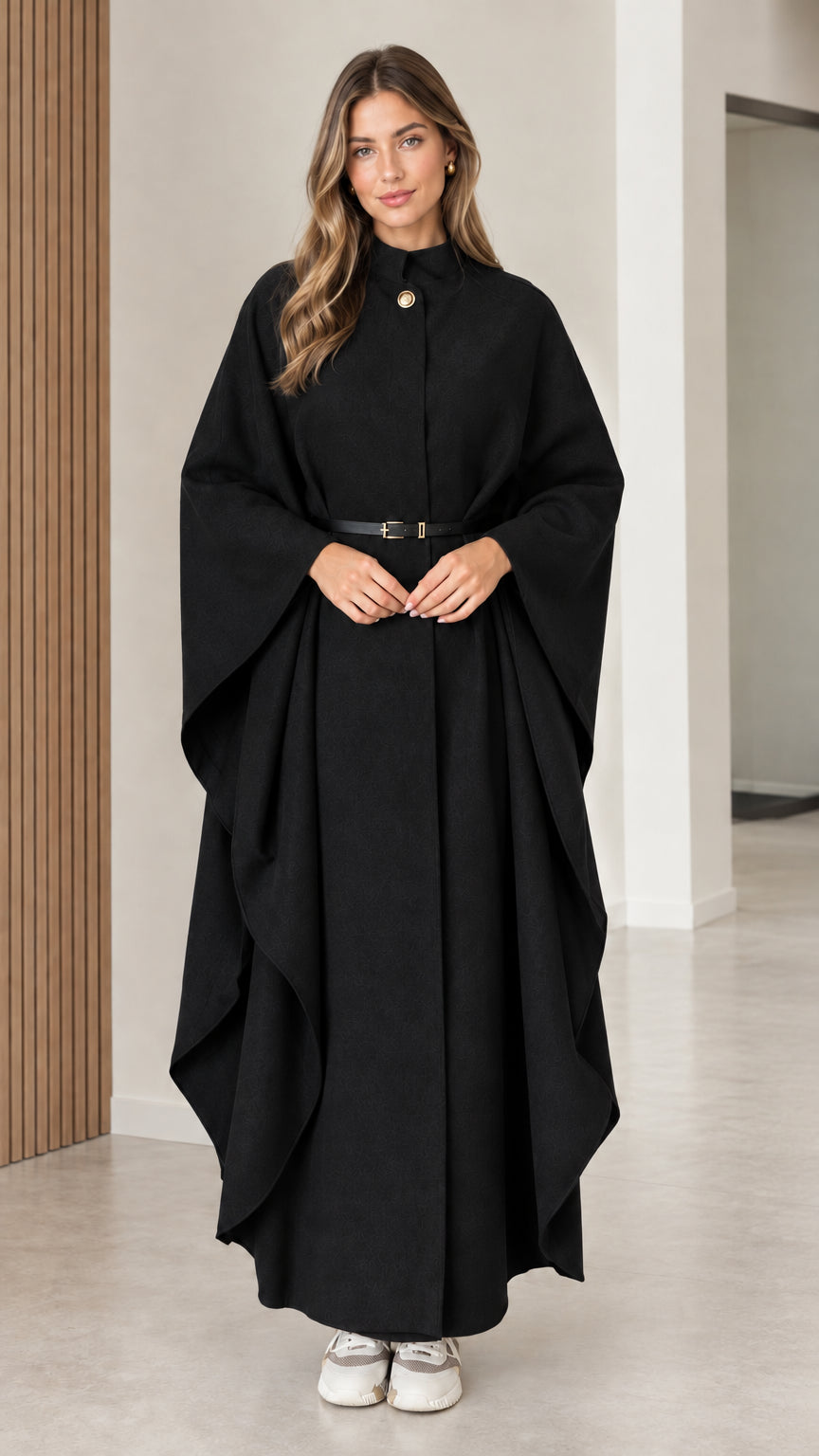 Women's classic black belted maxi cape coat