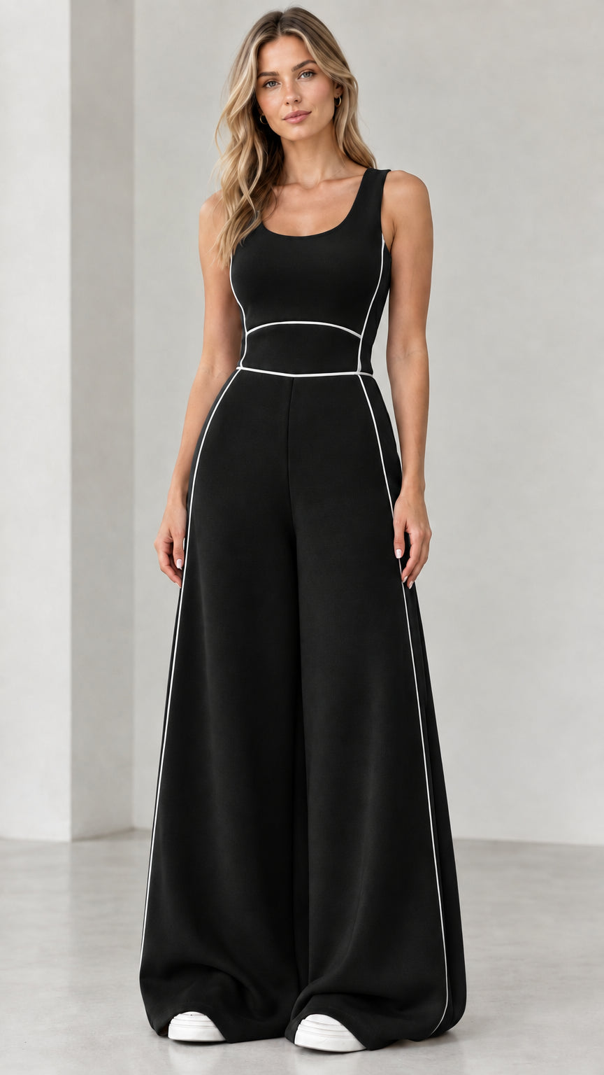 Black sleeveless wide-leg jumpsuit with white piping detail