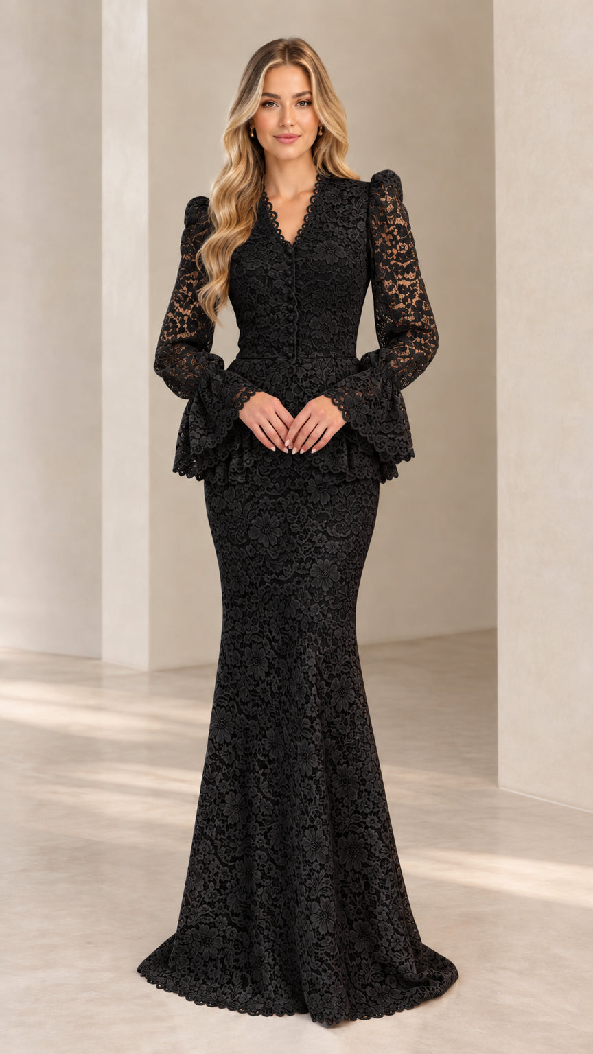 Full-length front view of black floral lace peplum mermaid evening gown