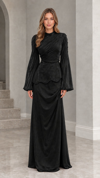 Black high neck long sleeve peplum evening maxi dress