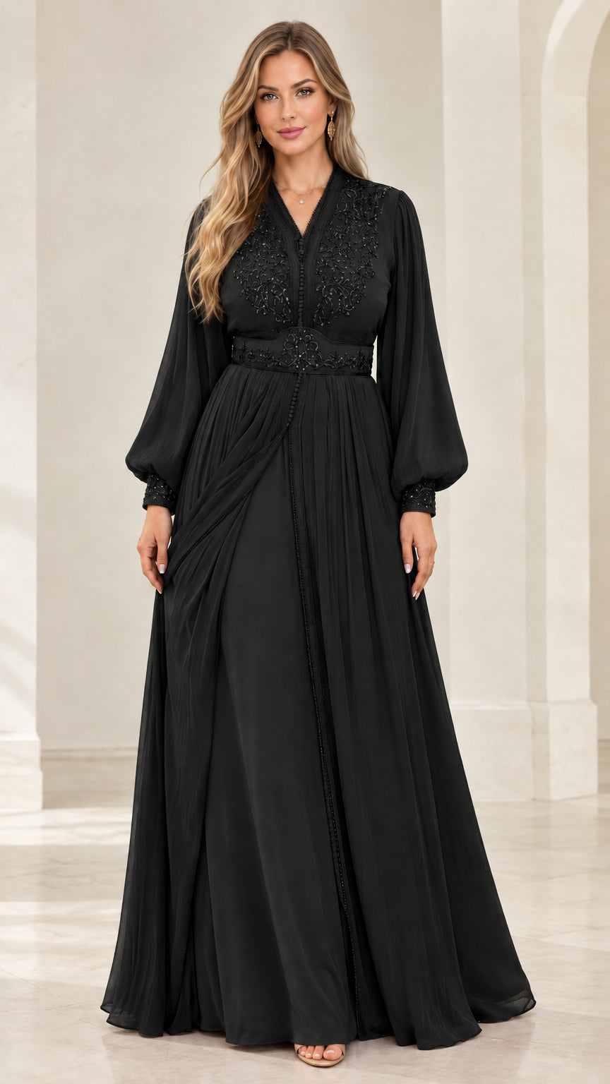 Black long sleeve embroidered chiffon maxi formal dress