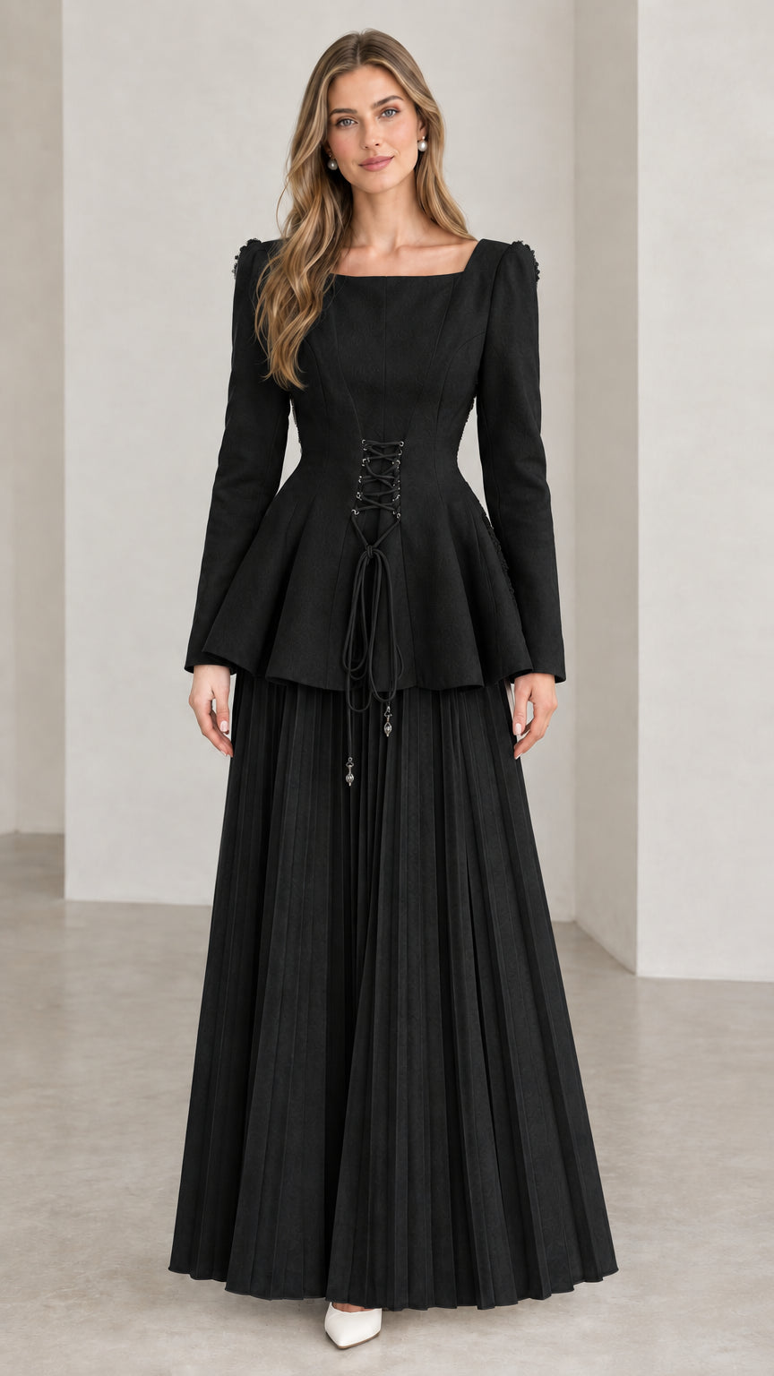 Black square neck long sleeve corset peplum pleated maxi dress