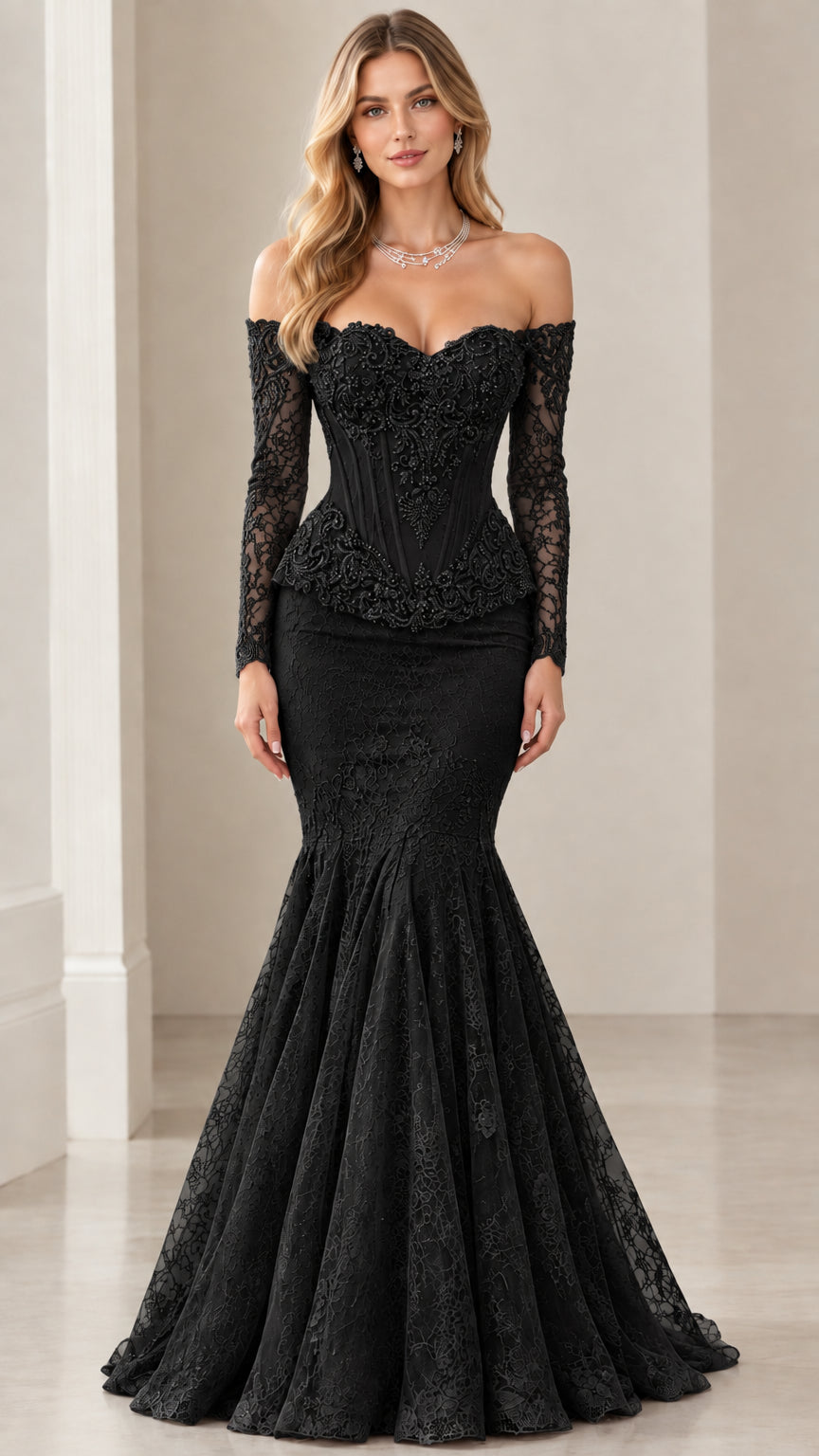 Front view of black off-the-shoulder long sleeve lace corset mermaid evening dress