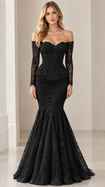 Front view of black off-the-shoulder long sleeve lace corset mermaid evening dress