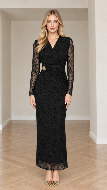 Front view of black long sleeve embellished lace column maxi dress
