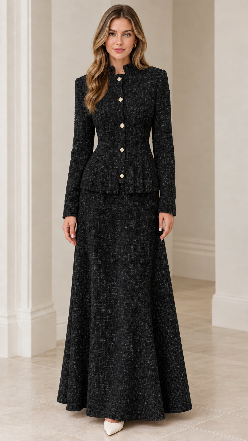 Front view of black tweed peplum blazer and matching maxi skirt set
