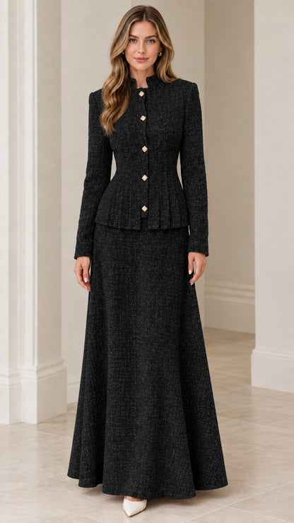Front view of black tweed peplum blazer and matching maxi skirt set