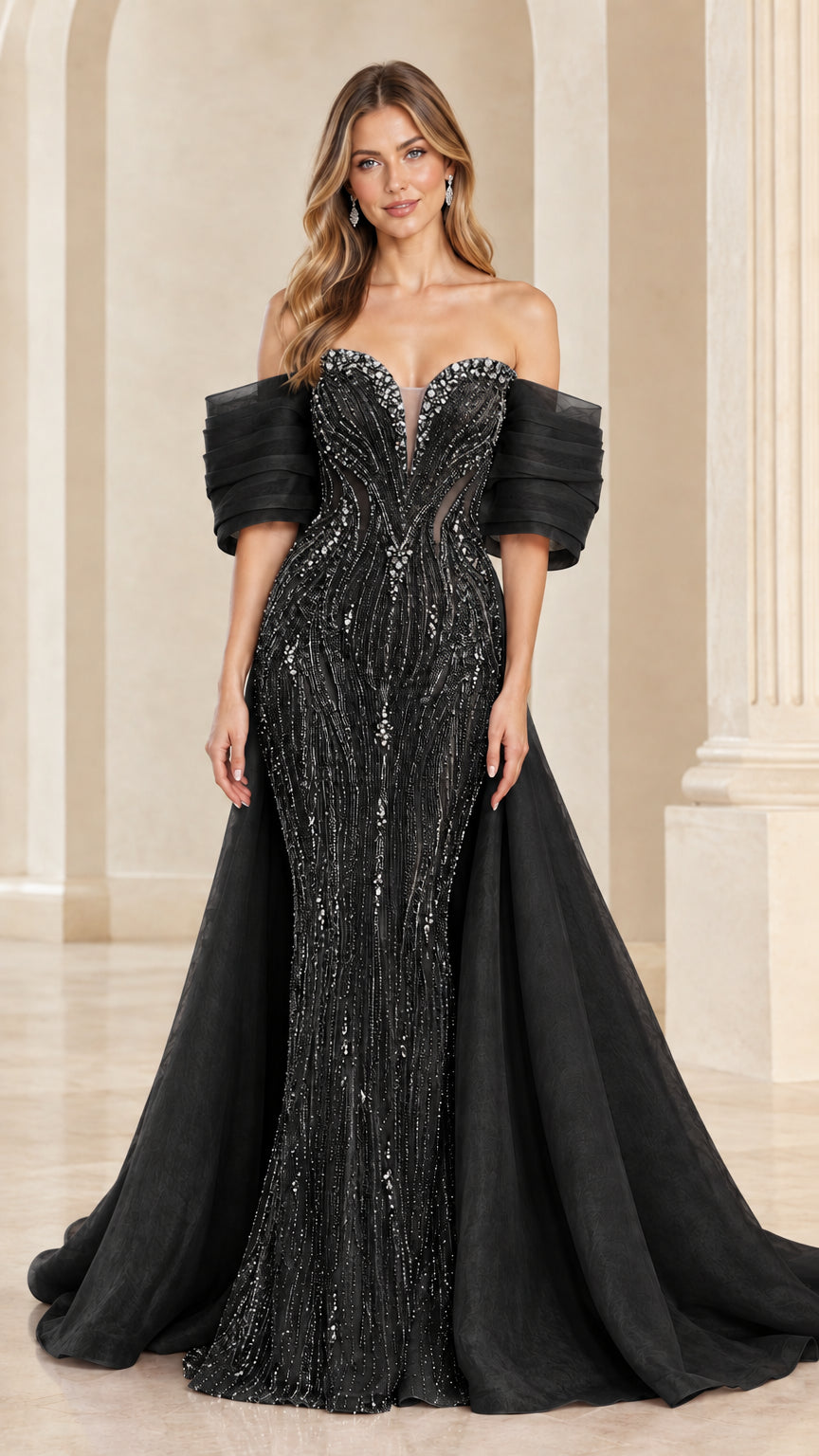 Black crystal-embellished mermaid evening gown with off-the-shoulder sleeves and train