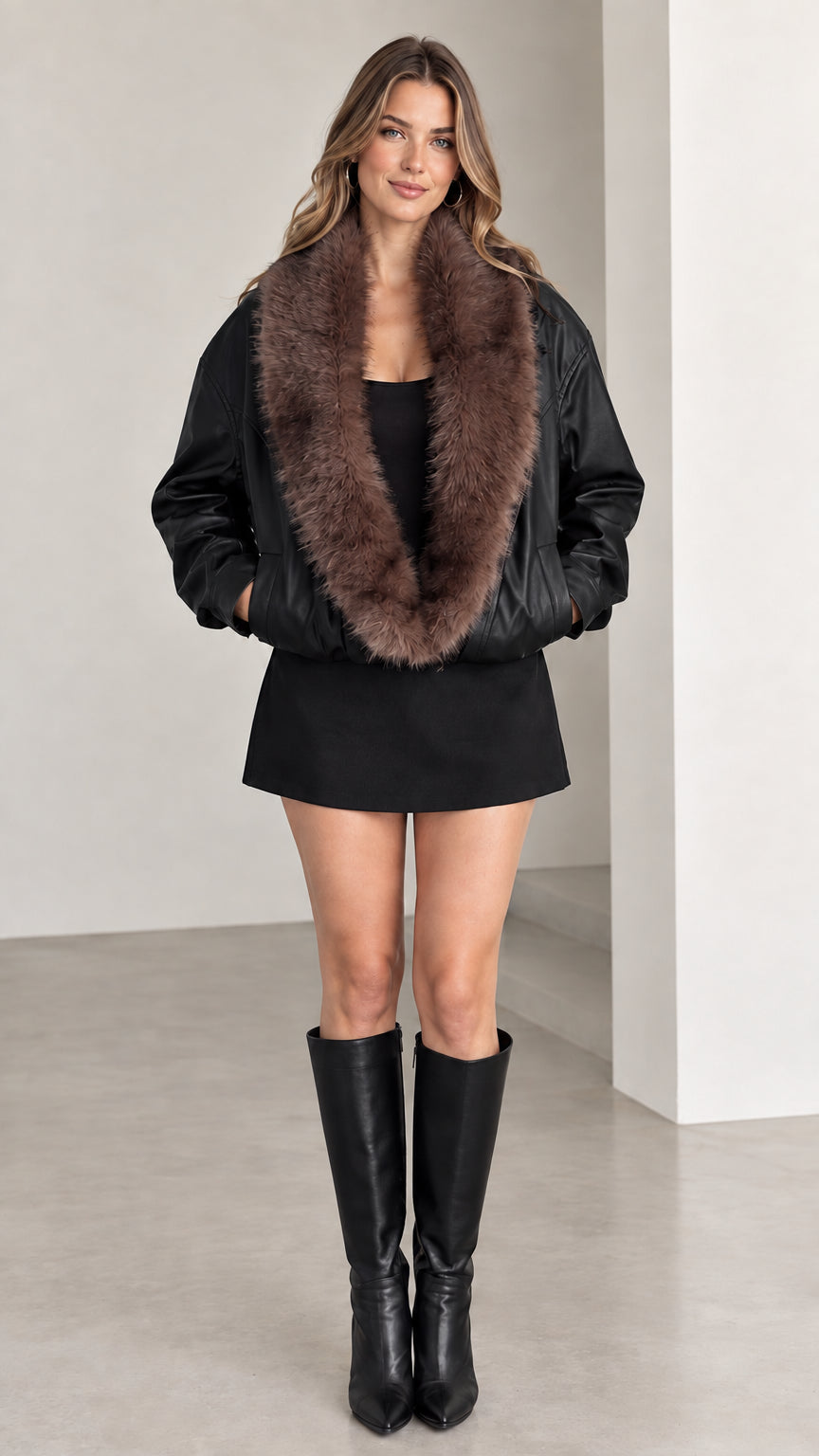 Model wearing black faux leather bomber jacket with plush fur collar