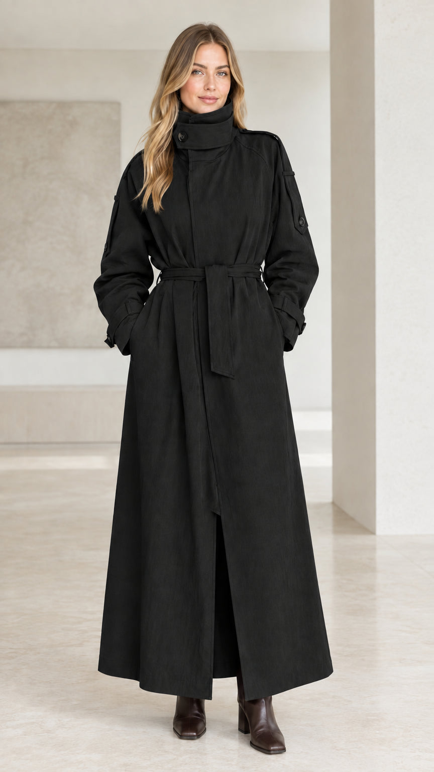 Front view of black maxi belted trench coat