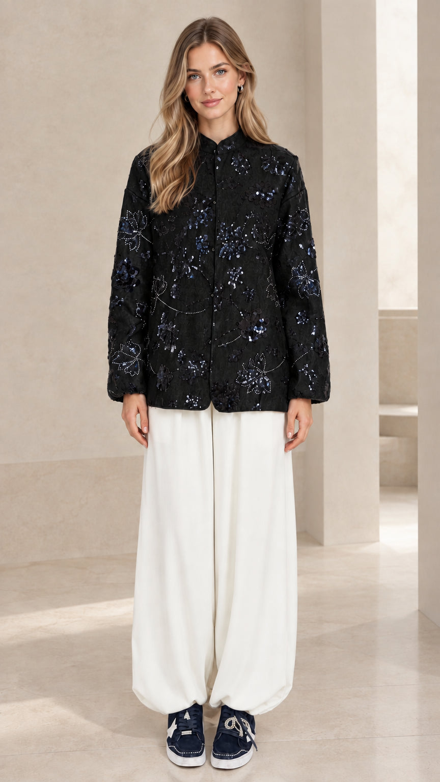 Full front view of black floral sequin embroidered button-down overshirt jacket