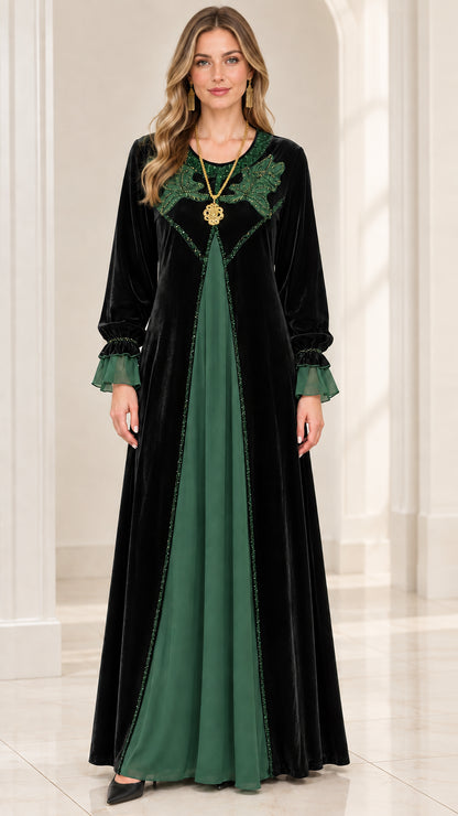 Full-length view of Emerald Green velvet evening dress