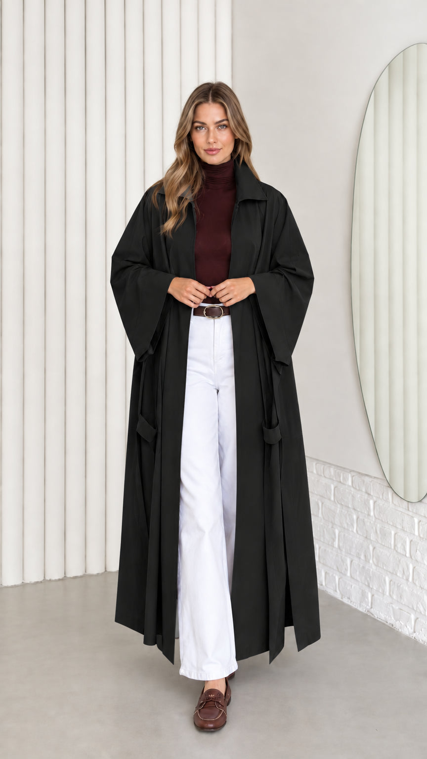 Women's long open front duster coat in classic black