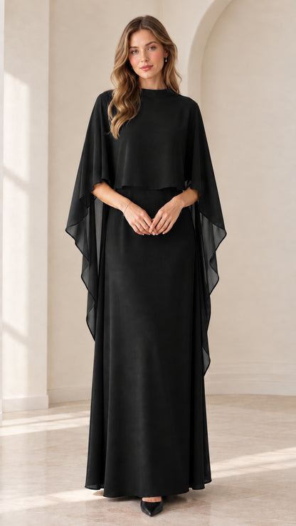 Black capelet chiffon maxi evening dress front view