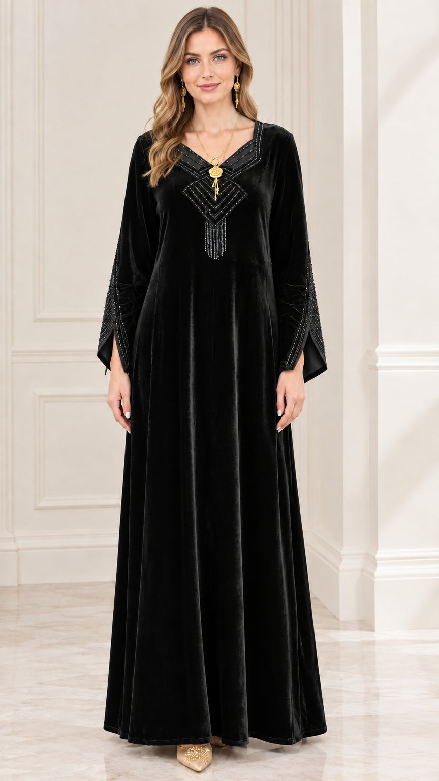 Black embellished velvet maxi dress front view