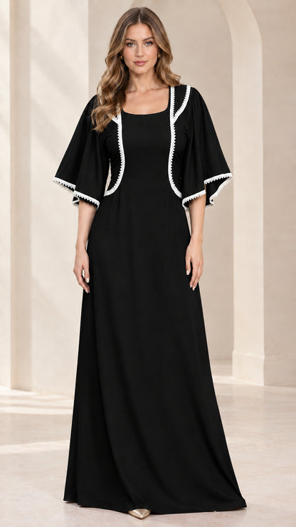Front view of black flutter sleeve square neck maxi dress with white trim