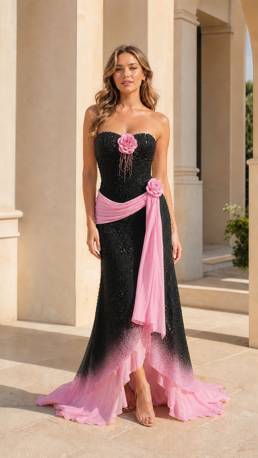 Full-length front view of black and pink ombré strapless sequined evening gown