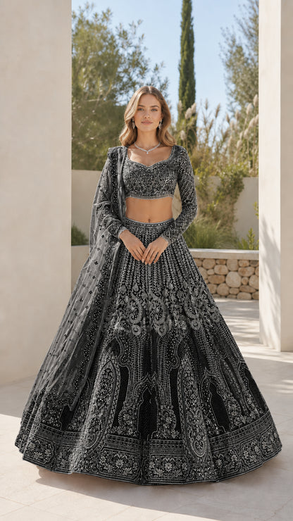 Full front view of charcoal black embroidered lehenga choli set