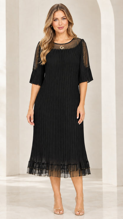 Front view of woman wearing Black rhinestone sheer mesh pleated midi dress