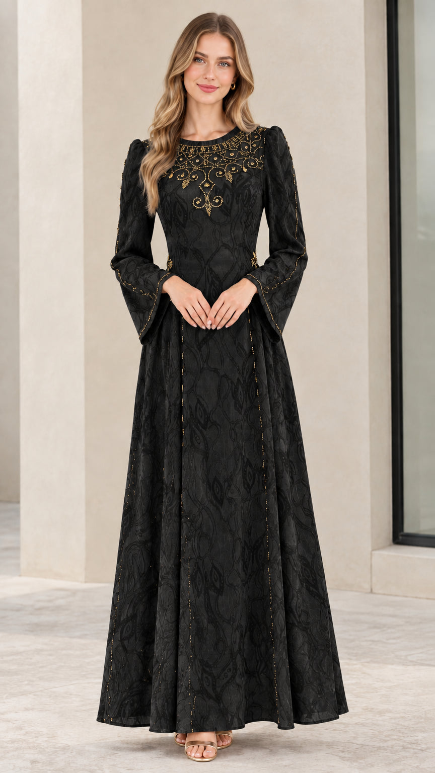 Model wearing black embellished long-sleeve jacquard maxi dress