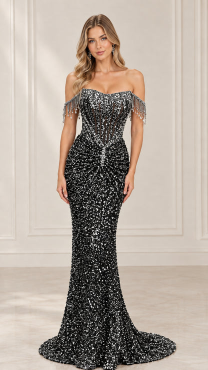 Full front view of black sequin off-shoulder mermaid evening gown with beaded fringe