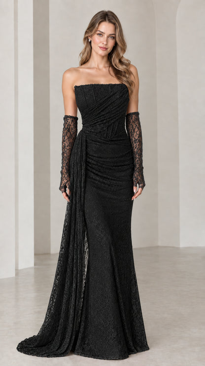 Model wearing black strapless lace mermaid evening gown with matching lace gloves