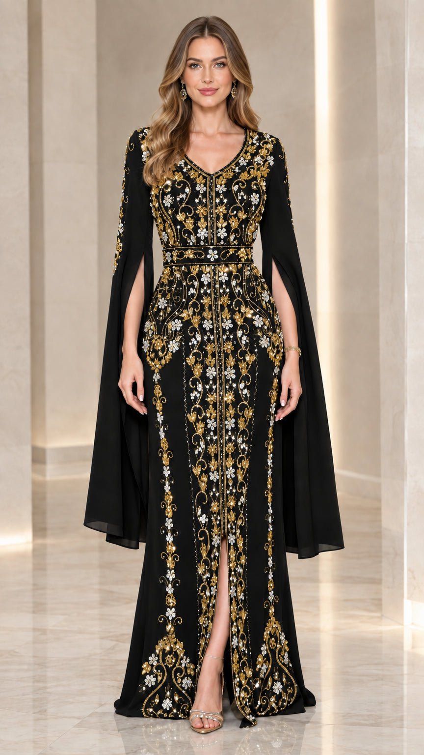 Model wearing black embroidered cape sleeve evening gown
