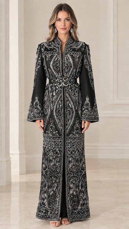 Front view of black embroidered and beaded formal kaftan maxi gown